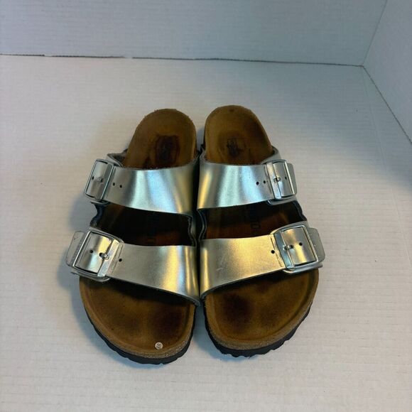 Birkenstock Arizona Silver Sandals Slide EU 38 US Women’s Size 7 EUC - Picture 1 of 6